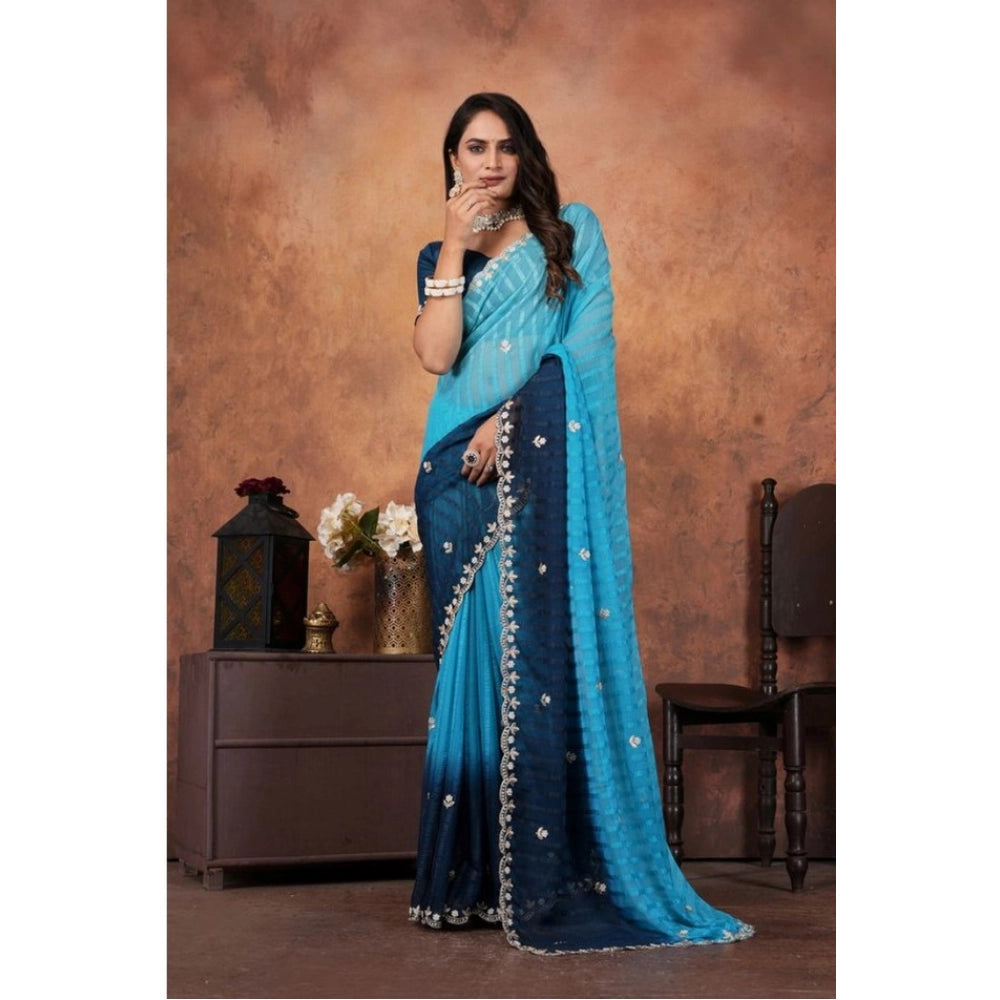 Women's Chiffon Embroidred Saree With Unstitched Blouse 5.5Mtr (Light Blue)