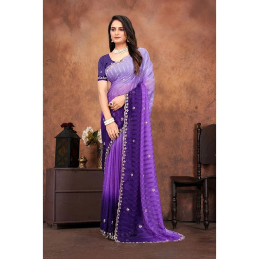 Women's Chiffon Embroidred Saree With Unstitched Blouse 5.5Mtr (Purple)