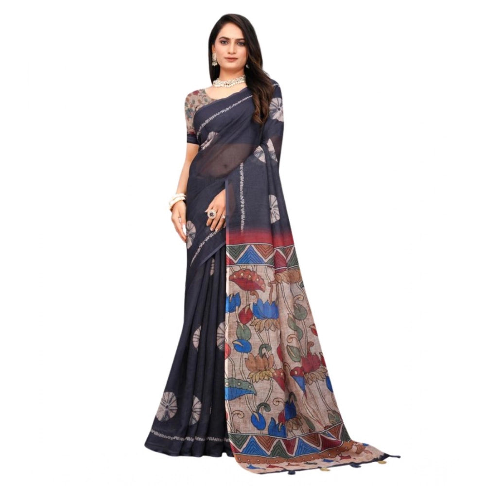 Women's Linen Printed Saree With Unstitched Blouse 5.5Mtr (Black)