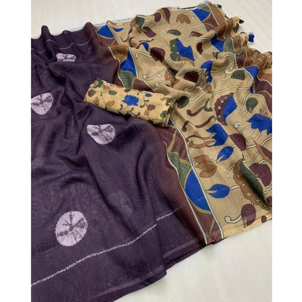 Women's Linen Printed Saree With Unstitched Blouse 5.5Mtr (Purple)