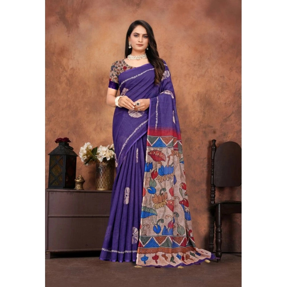 Women's Linen Printed Saree With Unstitched Blouse 5.5Mtr (Purple)
