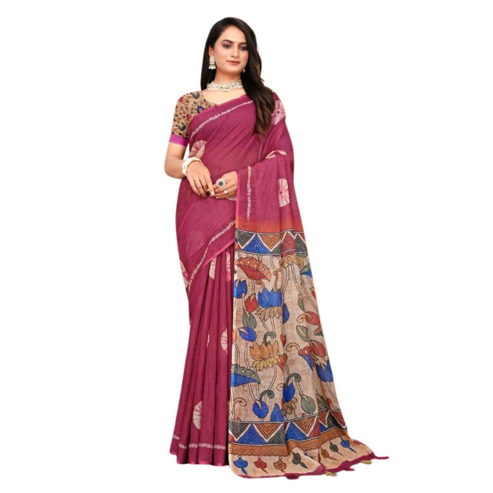 Women's Linen Printed Saree With Unstitched Blouse 5.5Mtr (Purple)
