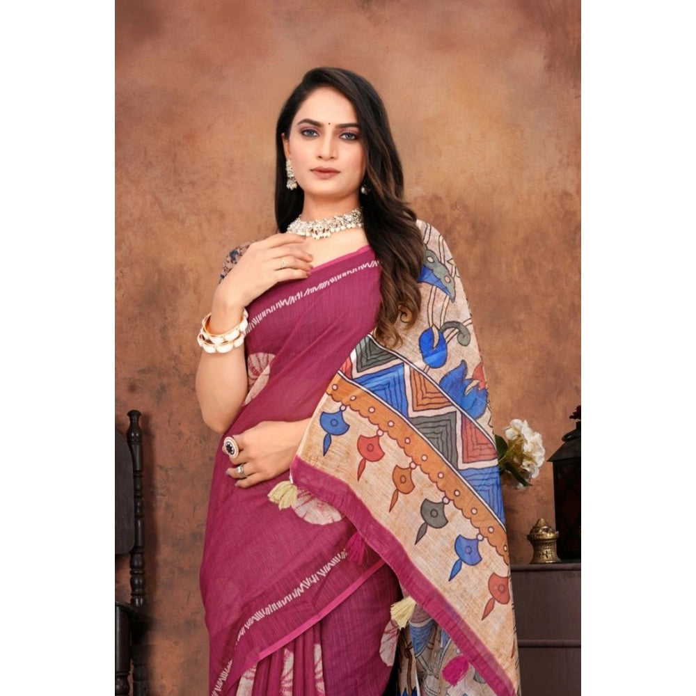 Women's Linen Printed Saree With Unstitched Blouse 5.5Mtr (Purple)