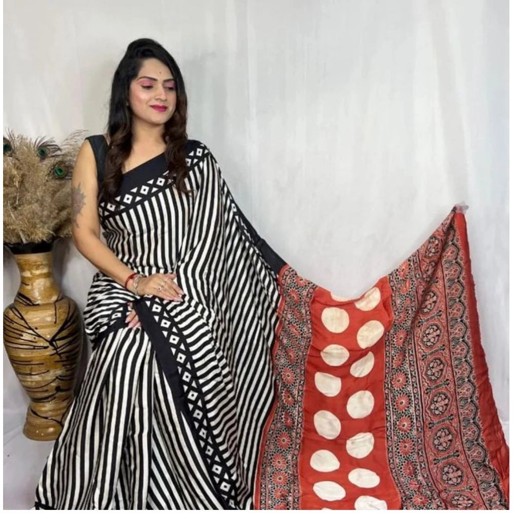 Women's Satin Printed Saree With Unstitched Blouse 5.5Mtr (Black)