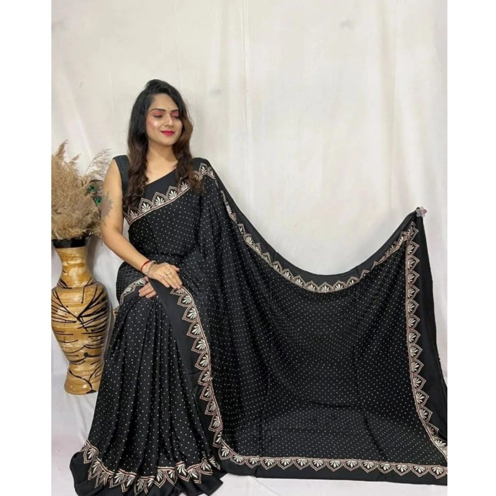 Women's Satin Printed Saree With Unstitched Blouse 5.5Mtr (Black)