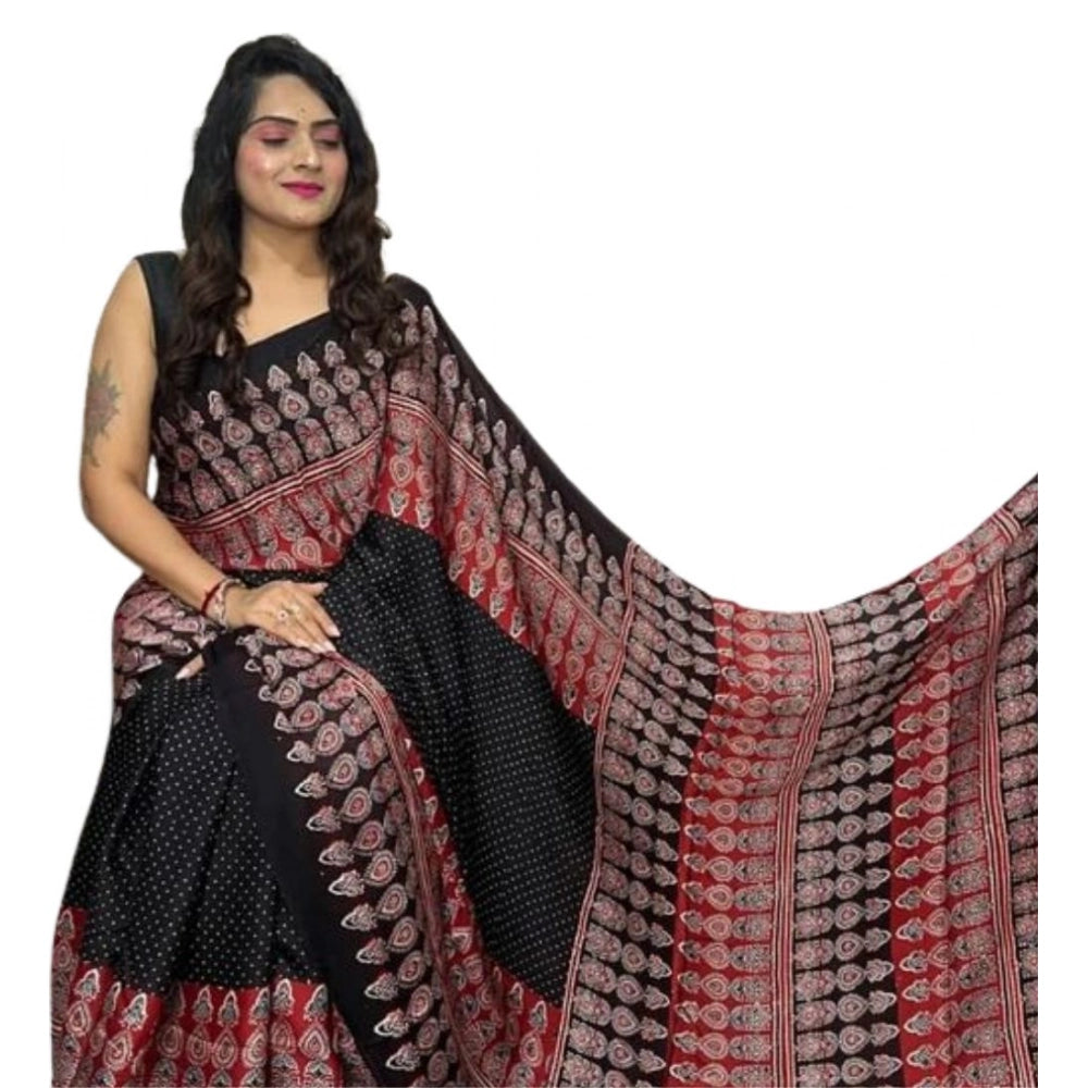 Women's Satin Printed Saree With Unstitched Blouse 5.5Mtr (Black)