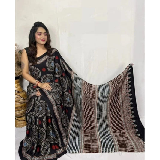 Women's Satin Printed Saree With Unstitched Blouse 5.5Mtr (Black)