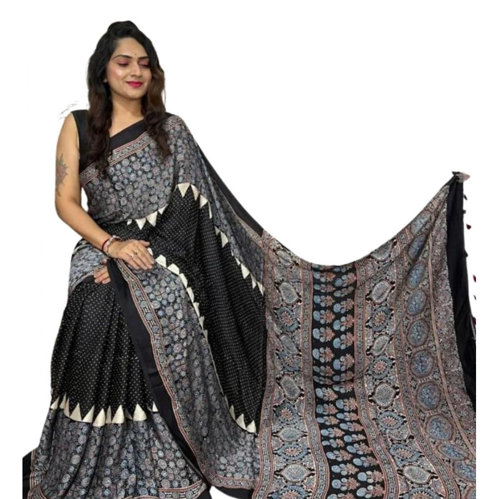 Women's Satin Printed Saree With Unstitched Blouse 5.5Mtr (Black)