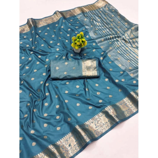 Women's Jacquard Silk Jaquard Woven Saree With Unstitched Blouse 5.5Mtr (Light Blue)