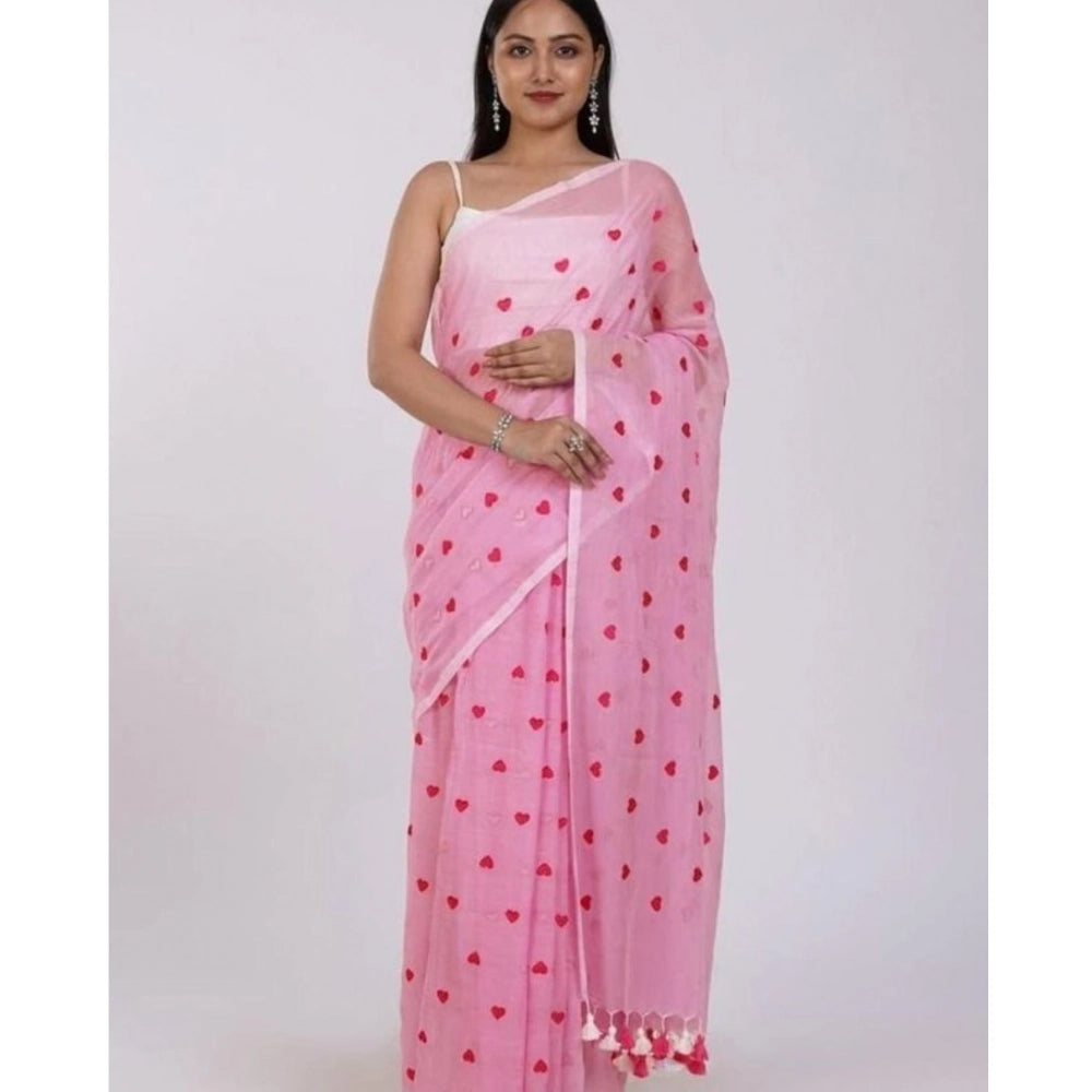 Women's Linen Printed Saree With Unstitched Blouse 5.5Mtr (Pink)