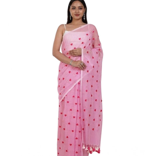 Women's Linen Printed Saree With Unstitched Blouse 5.5Mtr (Pink)