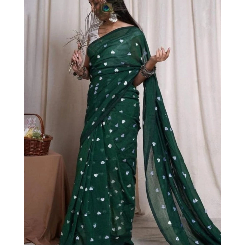 Women's Linen Printed Saree With Unstitched Blouse 5.5Mtr (Green)