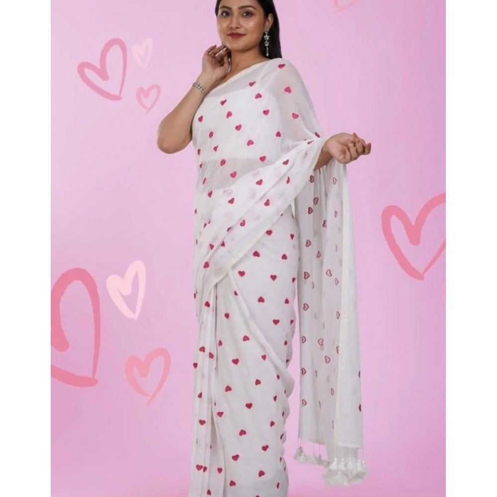 Women's Linen Printed Saree With Unstitched Blouse 5.5Mtr (White)