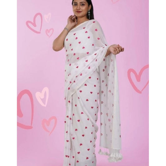 Women's Linen Printed Saree With Unstitched Blouse 5.5Mtr (White)