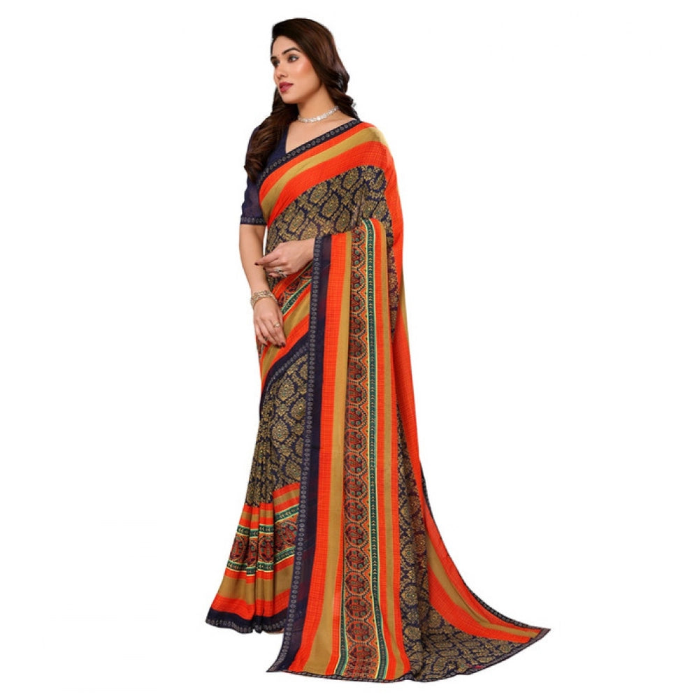 Women's Georgette Printed Saree With Unstitched Blouse 5.5Mtr (Orange)