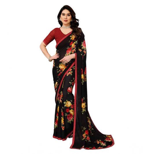 Women's Georgette Printed Saree With Unstitched Blouse 5.5Mtr (Black)