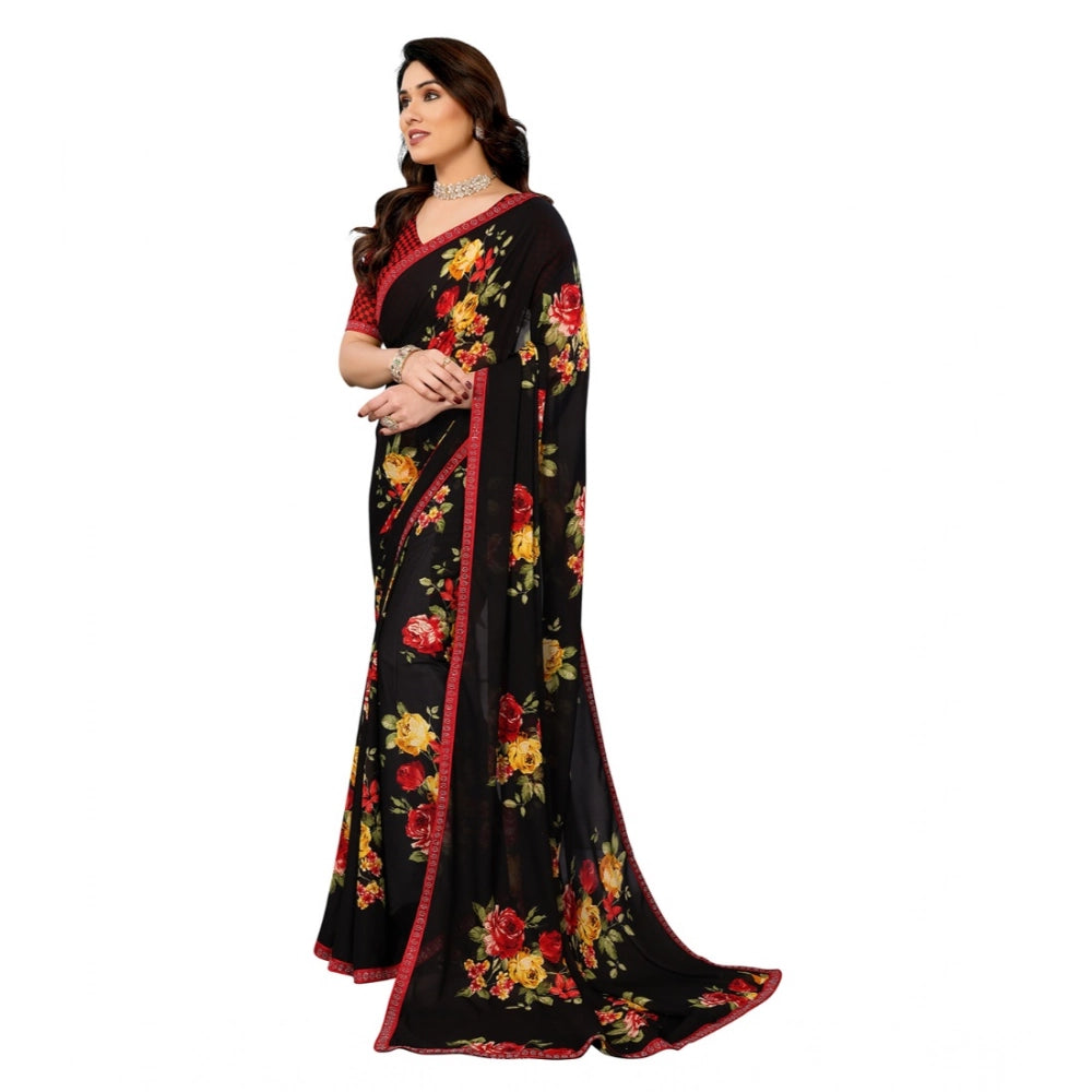 Women's Georgette Printed Saree With Unstitched Blouse 5.5Mtr (Black)