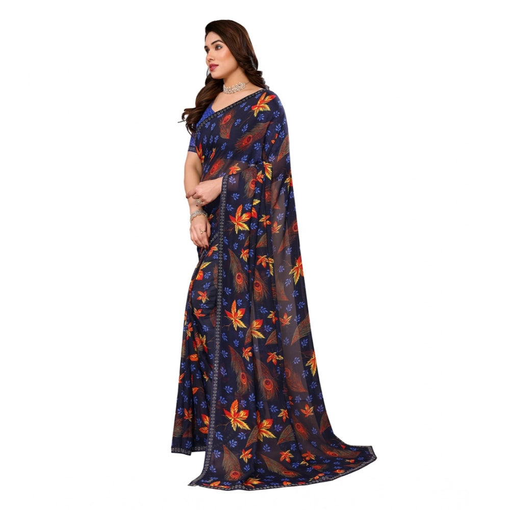 Women's Georgette Printed Saree With Unstitched Blouse 5.5Mtr (Blue)