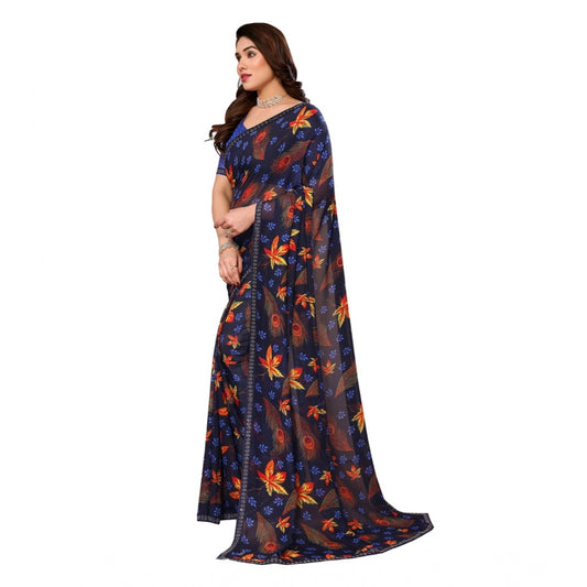 Women's Georgette Printed Saree With Unstitched Blouse 5.5Mtr (Blue)