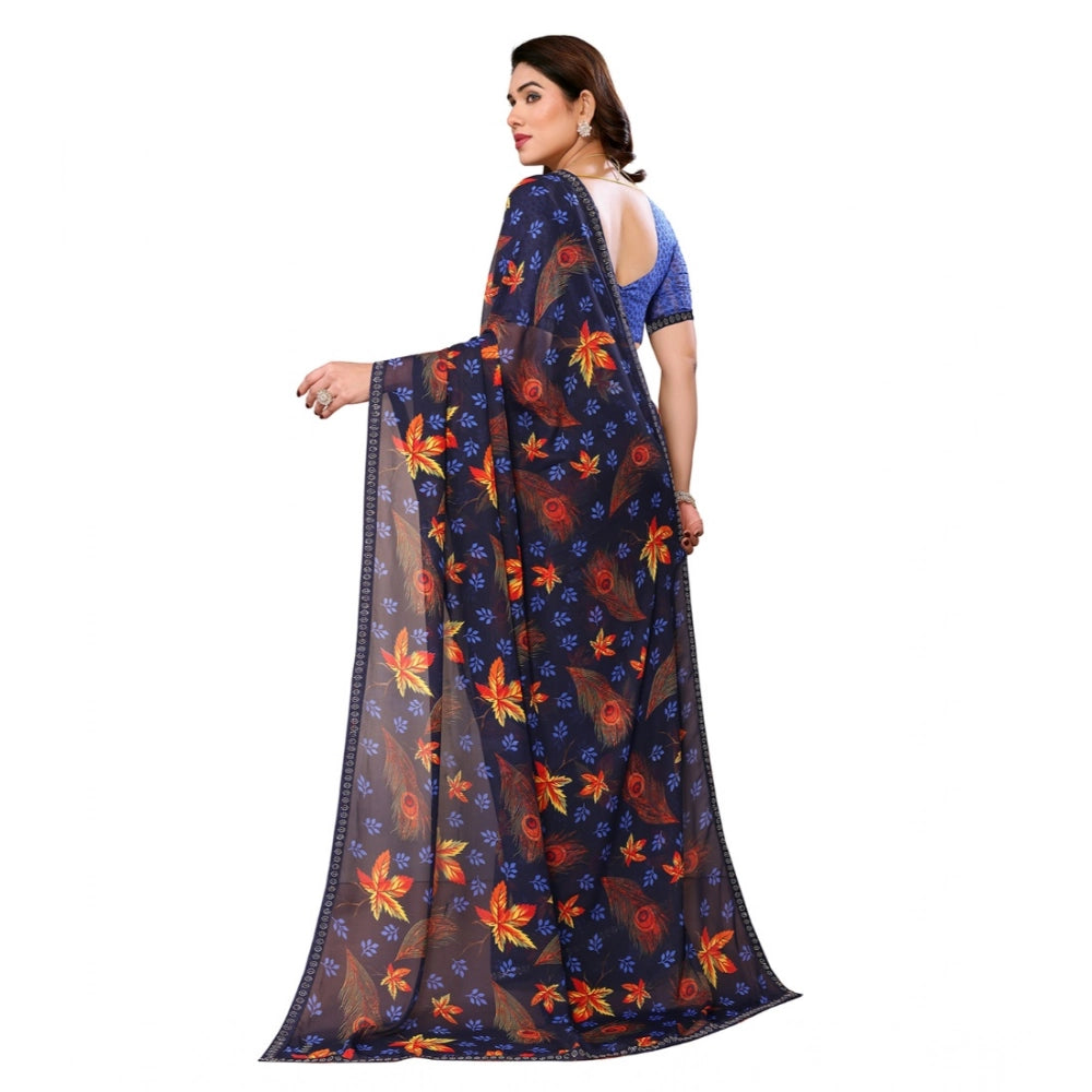 Women's Georgette Printed Saree With Unstitched Blouse 5.5Mtr (Blue)