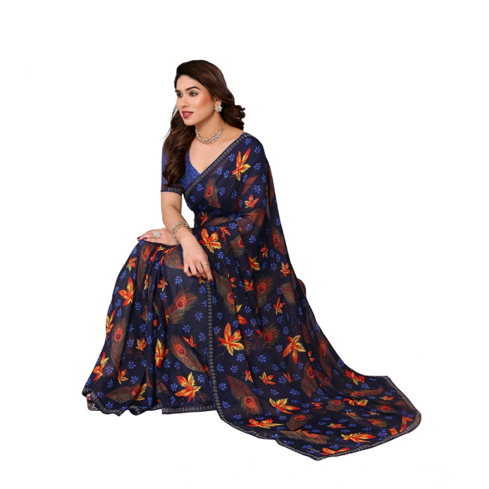 Women's Georgette Printed Saree With Unstitched Blouse 5.5Mtr (Blue)
