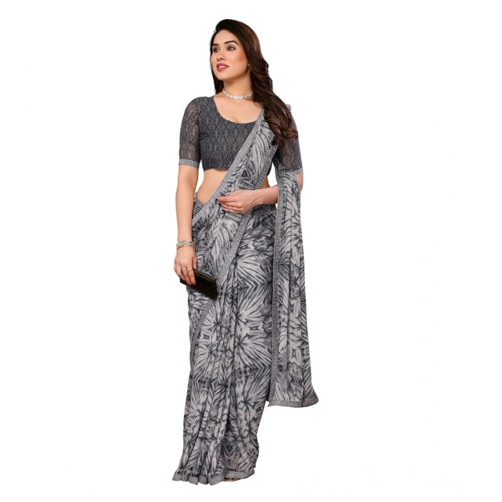 Women's Georgette Printed Saree With Unstitched Blouse 5.5Mtr (Grey)