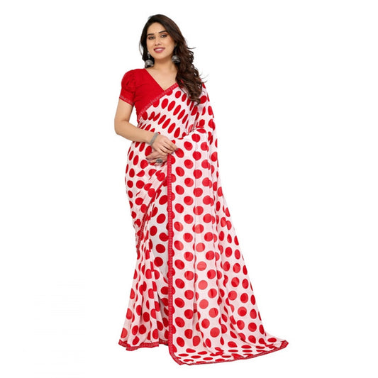 Women's Georgette Printed Saree With Unstitched Blouse 5.5Mtr (Red-White)