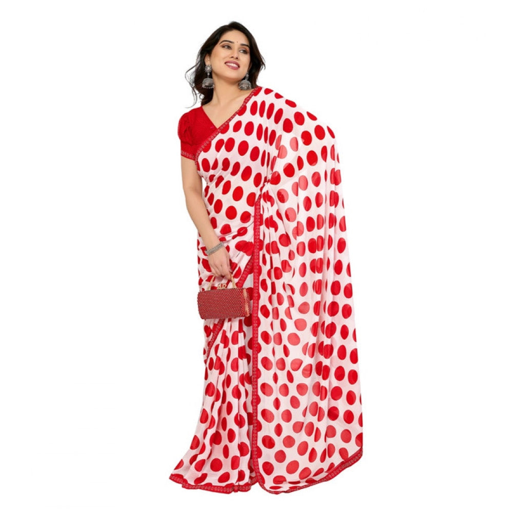 Women's Georgette Printed Saree With Unstitched Blouse 5.5Mtr (Red-White)