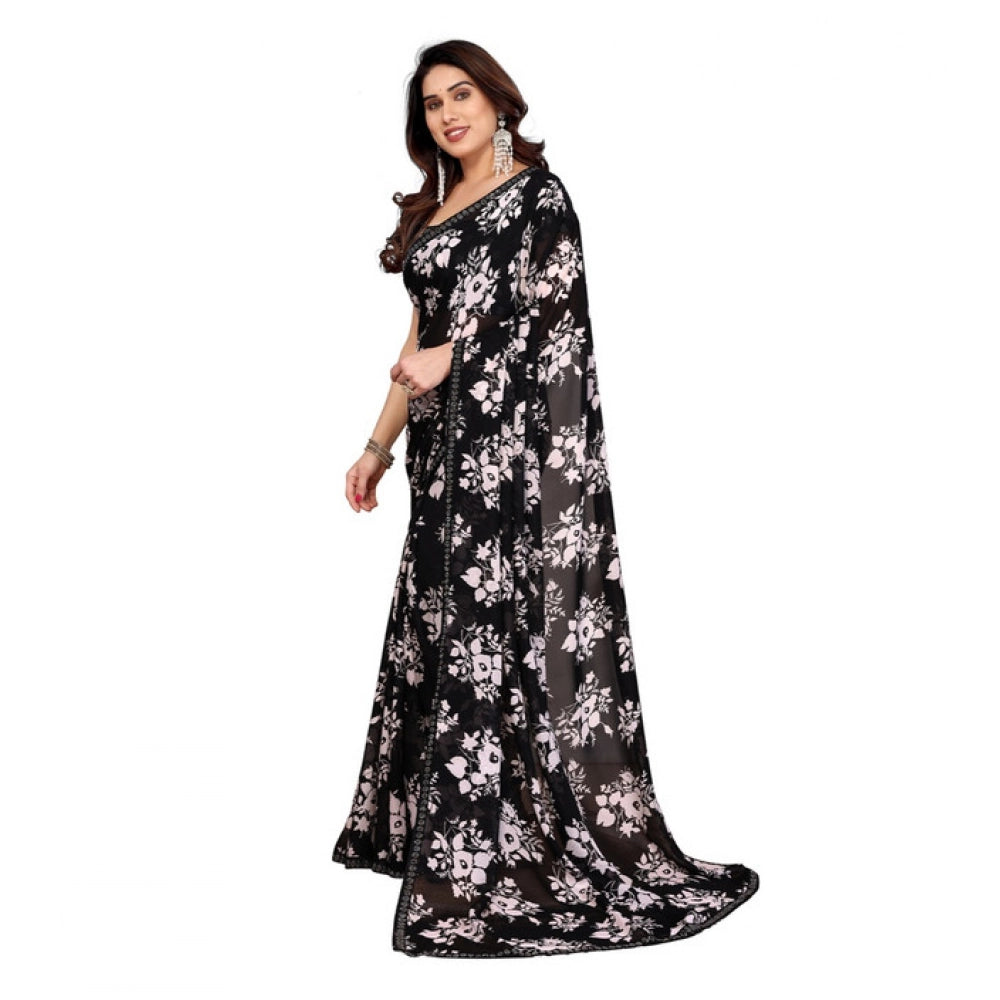 Women's Georgette Printed Saree With Unstitched Blouse 5.5Mtr (Black)