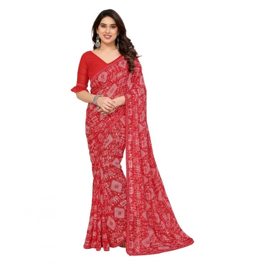 Women's Georgette Printed Saree With Unstitched Blouse 5.5Mtr (Red)