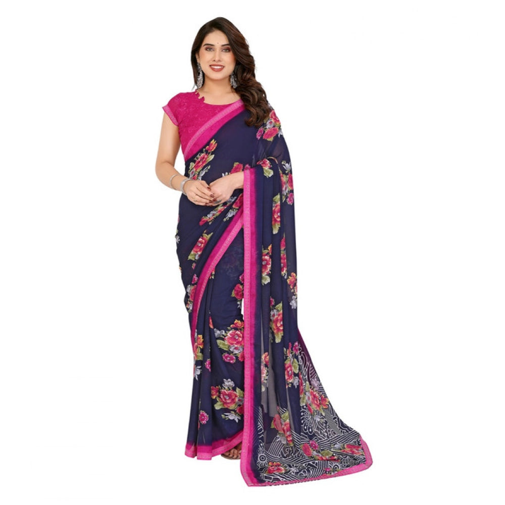 Women's Georgette Printed Saree With Unstitched Blouse 5.5Mtr (Blue)