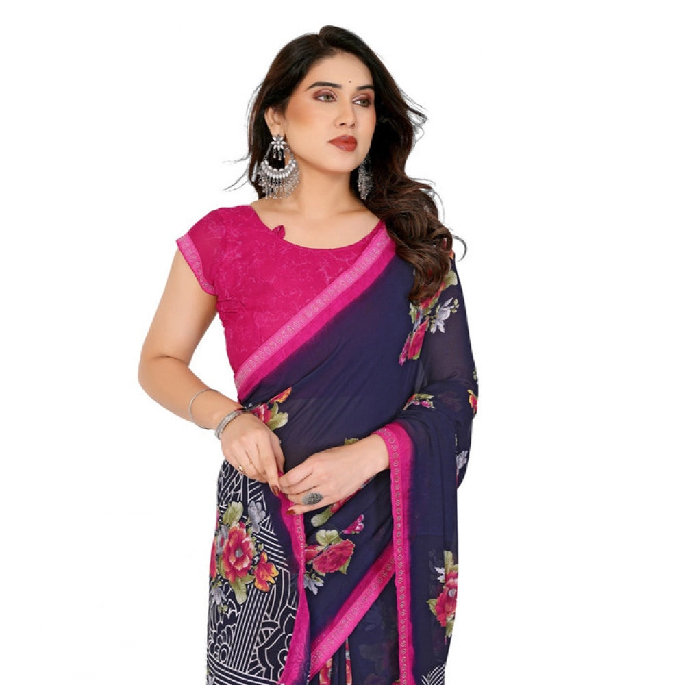 Women's Georgette Printed Saree With Unstitched Blouse 5.5Mtr (Blue)