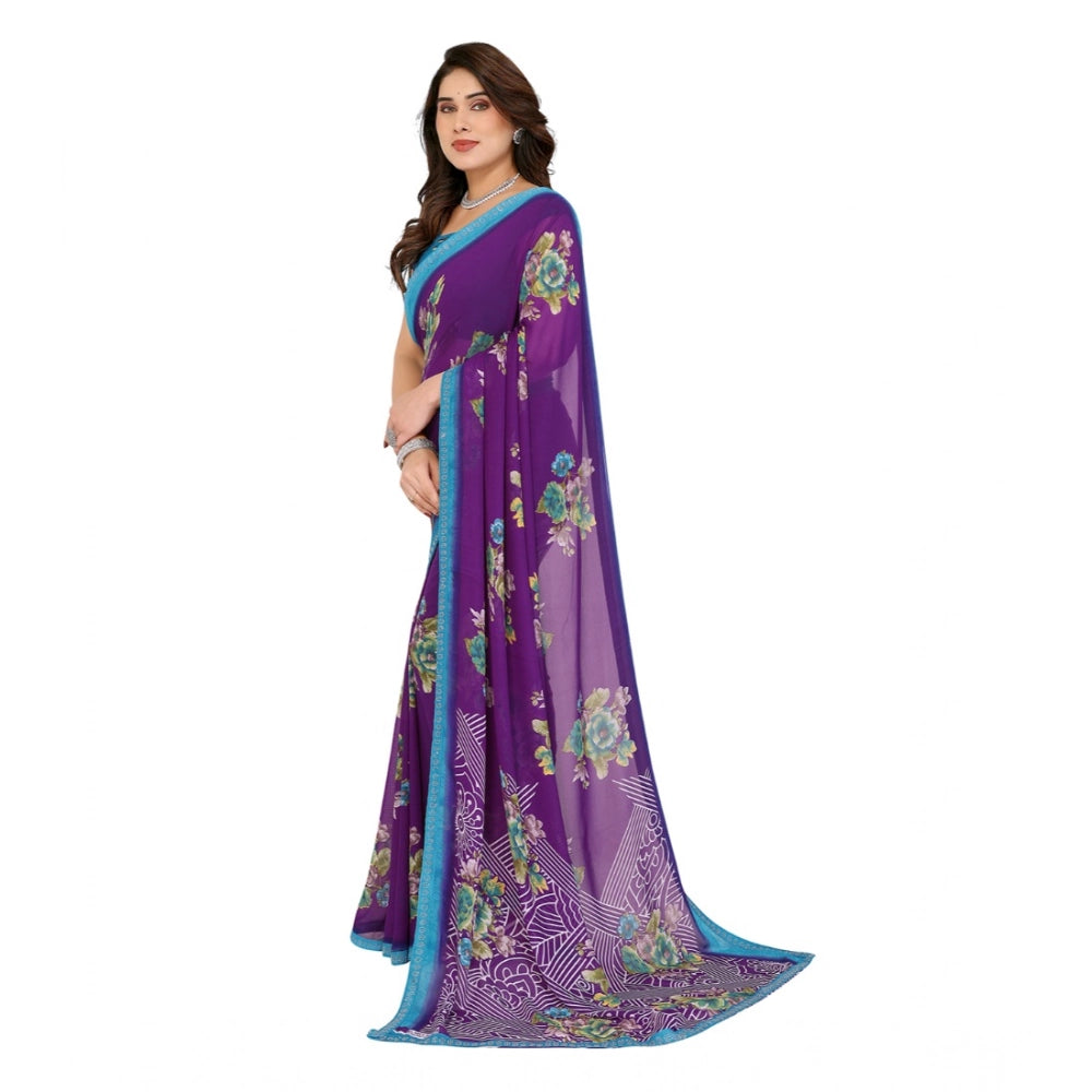 Women's Georgette Printed Saree With Unstitched Blouse 5.5Mtr (Purple)