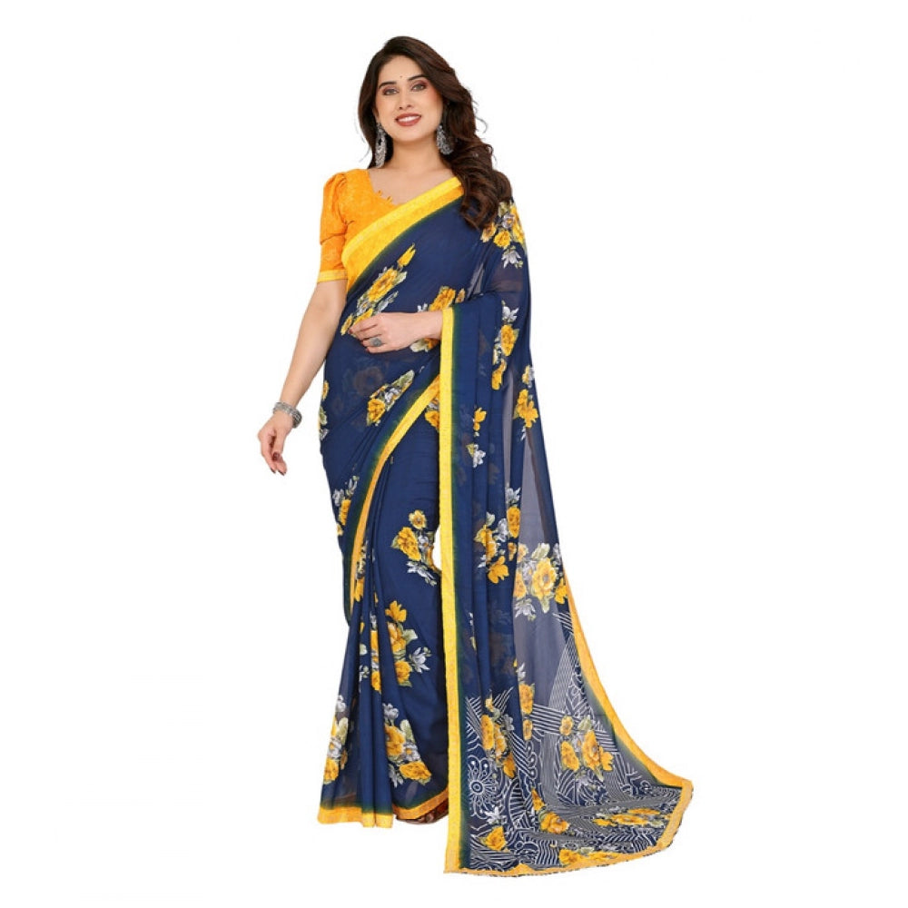 Women's Georgette Printed Saree With Unstitched Blouse 5.5Mtr (Blue)