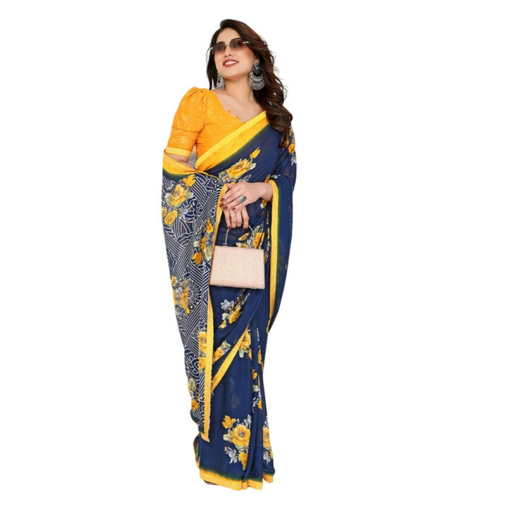 Women's Georgette Printed Saree With Unstitched Blouse 5.5Mtr (Blue)