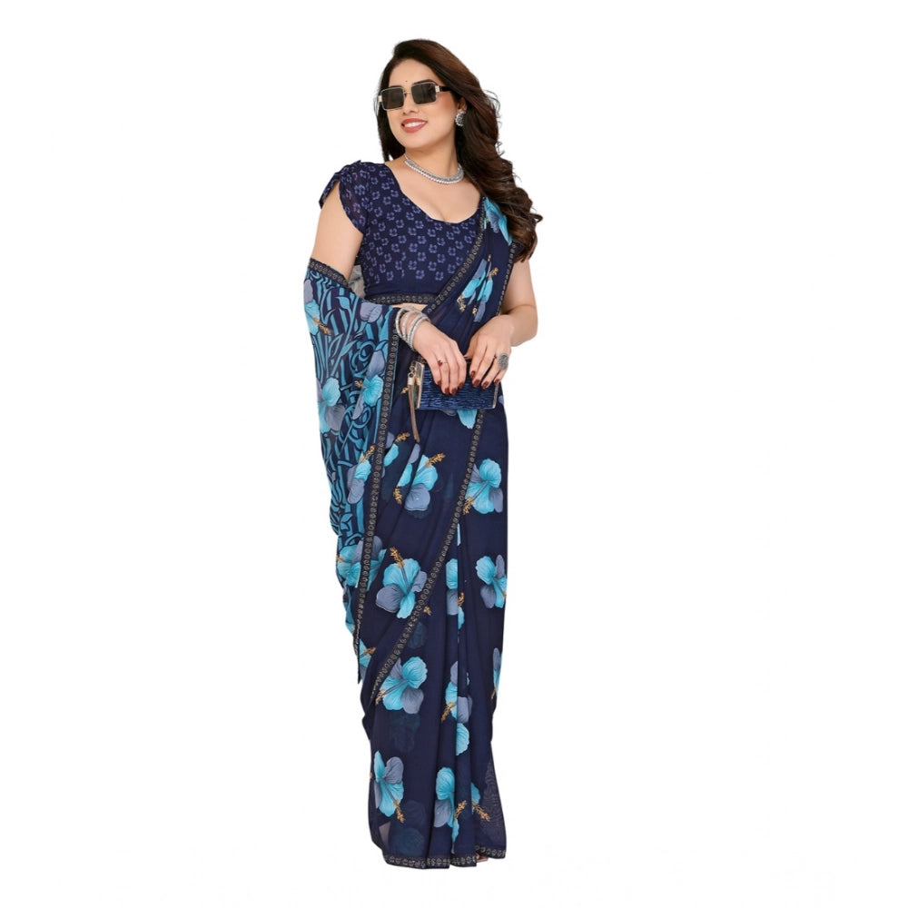 Women's Georgette Printed Saree With Unstitched Blouse 5.5Mtr (Navy Blue)