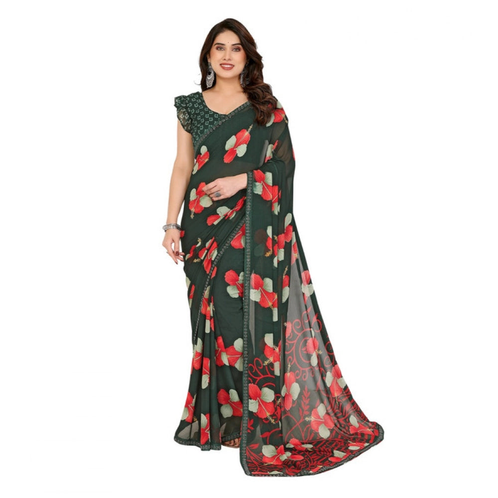 Women's Georgette Printed Saree With Unstitched Blouse 5.5Mtr (Green)