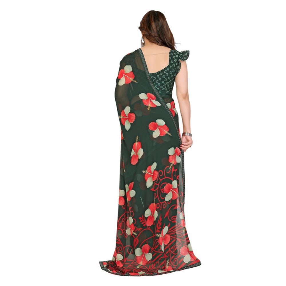Women's Georgette Printed Saree With Unstitched Blouse 5.5Mtr (Green)