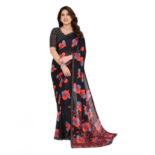 Women's Georgette Printed Saree With Unstitched Blouse 5.5Mtr (Black)