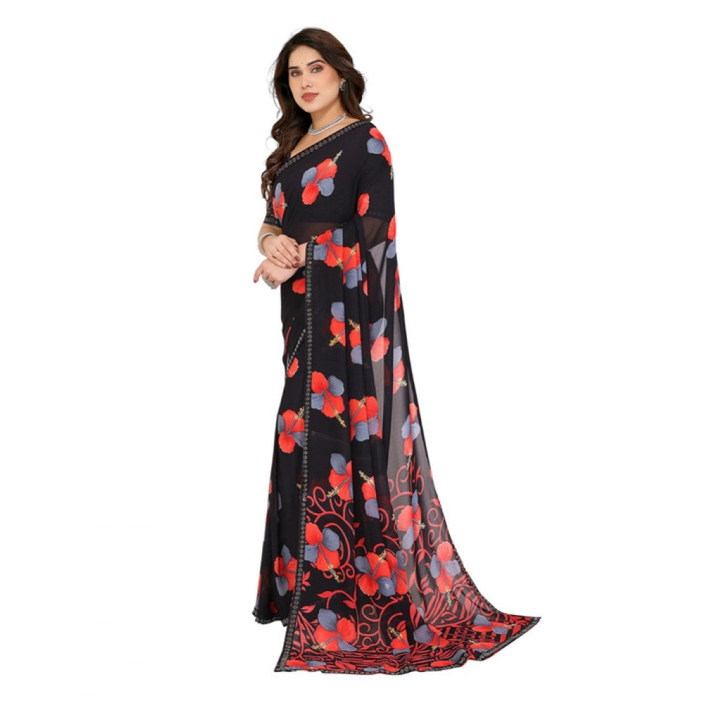 Women's Georgette Printed Saree With Unstitched Blouse 5.5Mtr (Black)