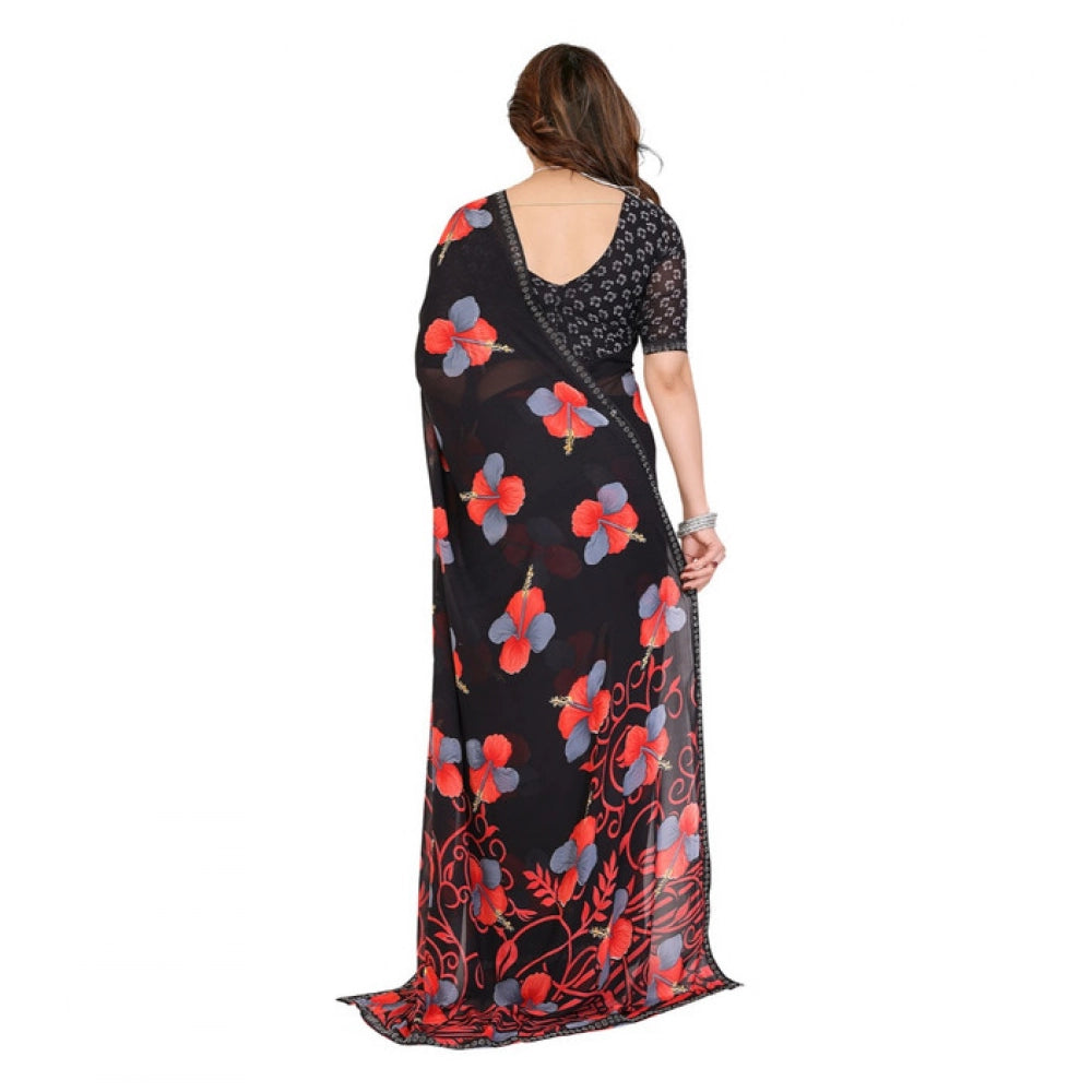 Women's Georgette Printed Saree With Unstitched Blouse 5.5Mtr (Black)