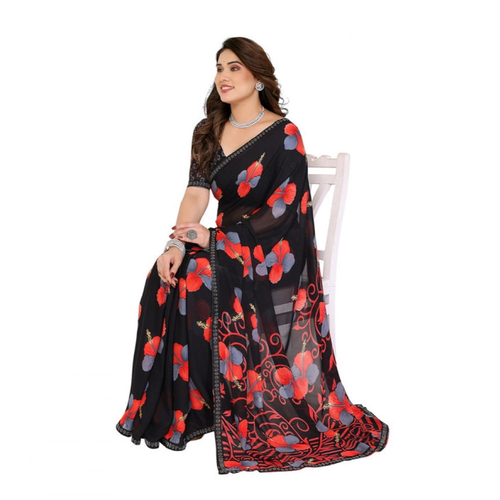 Women's Georgette Printed Saree With Unstitched Blouse 5.5Mtr (Black)