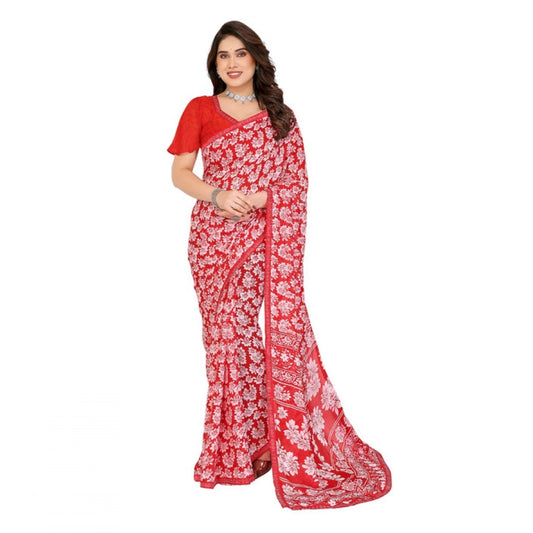 Women's Georgette Printed Saree With Unstitched Blouse 5.5Mtr (Red)