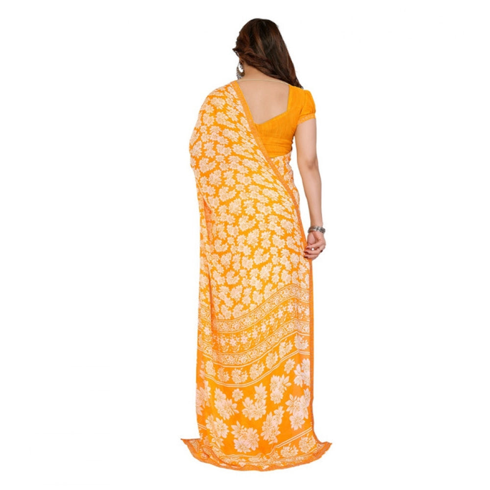 Women's Georgette Printed Saree With Unstitched Blouse 5.5Mtr (Yellow)