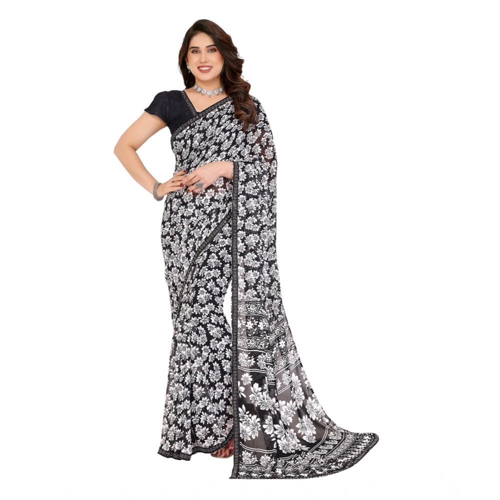 Women's Georgette Printed Saree With Unstitched Blouse 5.5Mtr (Black)
