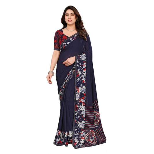 Women's Georgette Printed Saree With Unstitched Blouse 5.5Mtr (Navy Blue)