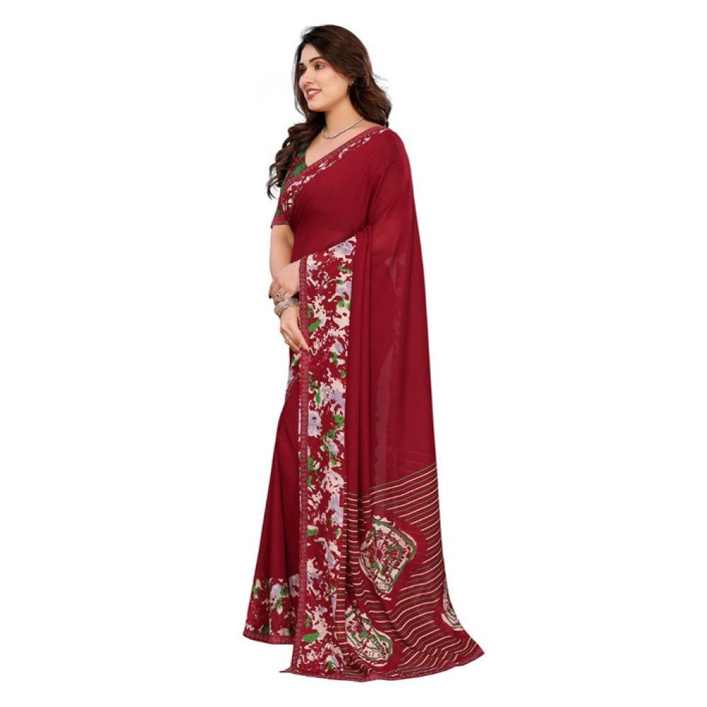 Women's Georgette Printed Saree With Unstitched Blouse 5.5Mtr (Red)