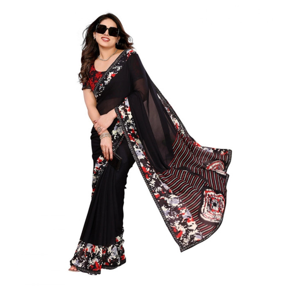 Women's Georgette Printed Saree With Unstitched Blouse 5.5Mtr (Black)