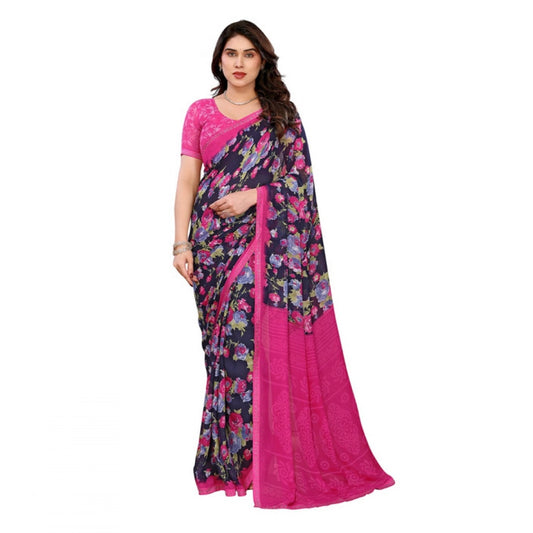 Women's Georgette Printed Saree With Unstitched Blouse 5.5Mtr (Blue)