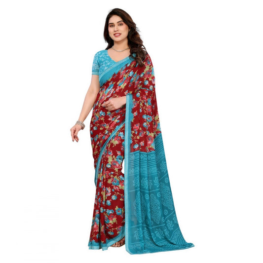 Women's Georgette Printed Saree With Unstitched Blouse 5.5Mtr (Maroon)